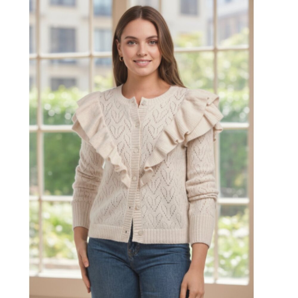 NWT Bagatelle Collection Ruffle Open Knit Cardigan Sweater Frilly Shoulders S